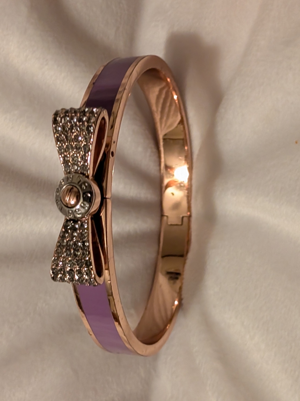 Henri Bendel Bracelet Hinged Bangle Pave Crystal Bow Purple Enamel EUC